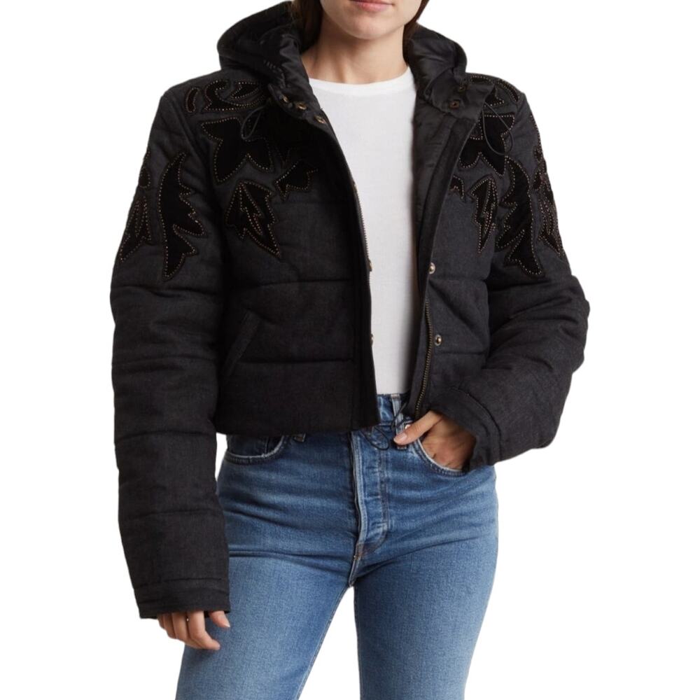 Free People Fleur De Lis Denim Black Puffer Jacket Size XL